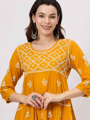 mustard yellow chikankari cotton mul dress