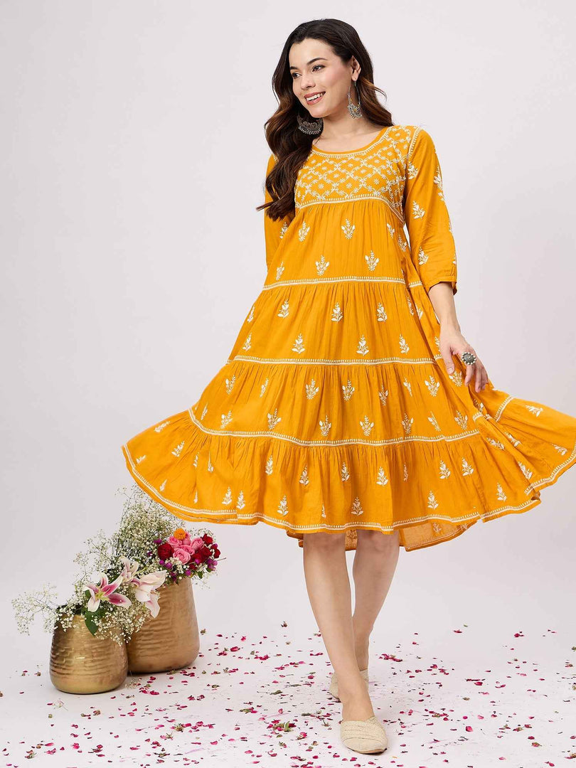 mustard yellow chikankari cotton mul dress