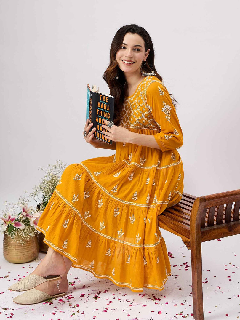 mustard yellow chikankari cotton mul dress