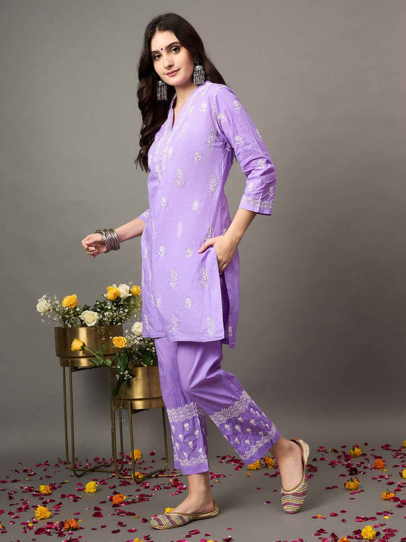 mauve coitton  cord set with chikankari set of 2