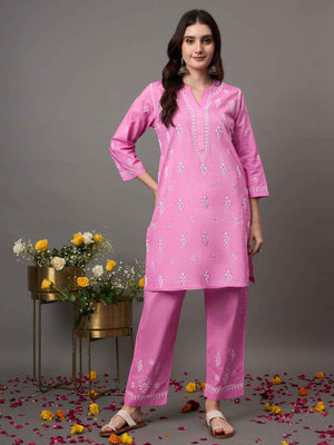 Rose pink coitton  cord set with chikankari set of 2