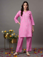 Rose pink coitton  cord set with chikankari set of 2