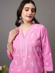 Rose pink coitton  cord set with chikankari set of 2