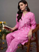 Load image into Gallery viewer, Rose pink coitton  cord set with chikankari set of 2
