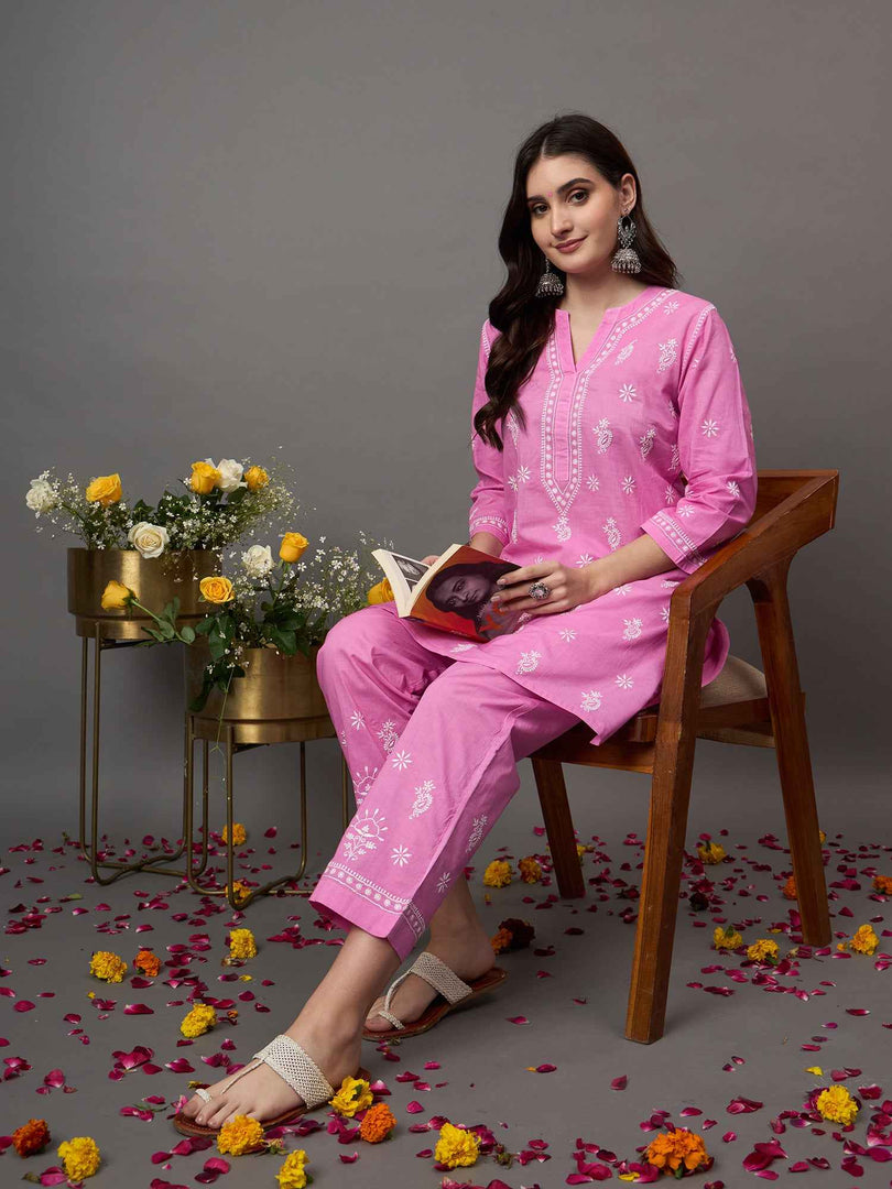 Rose pink coitton  cord set with chikankari set of 2