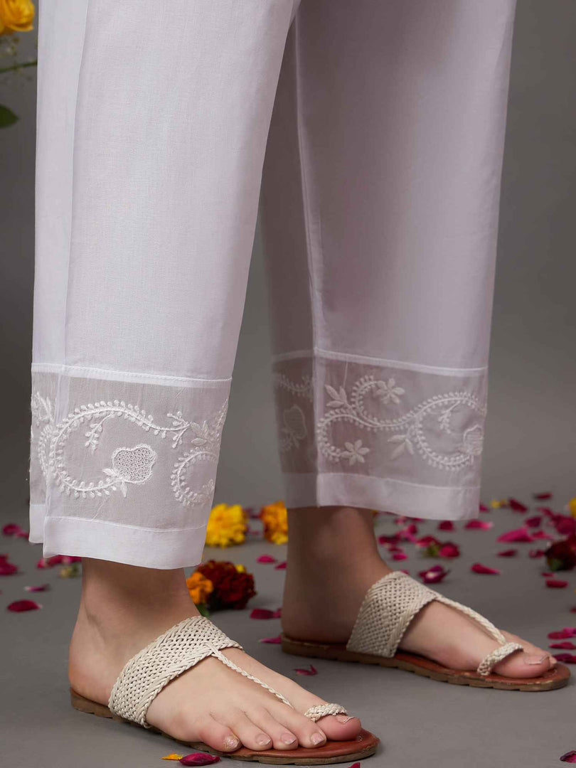 White cotton pants organza insert and chikankari