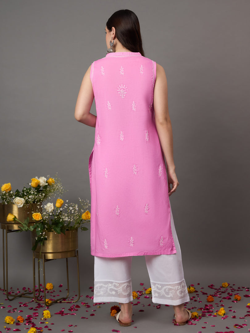 rose pink cotton sleeveless kurta with chiknakari and colloar slit - Rakhi Apparels