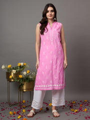 rose pink cotton sleeveless kurta with chiknakari and colloar slit - Rakhi Apparels
