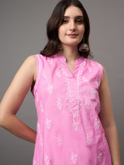 rose pink cotton sleeveless kurta with chiknakari and colloar slit - Rakhi Apparels