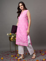 Load image into Gallery viewer, rose pink cotton sleeveless kurta with chiknakari and colloar slit - Rakhi Apparels
