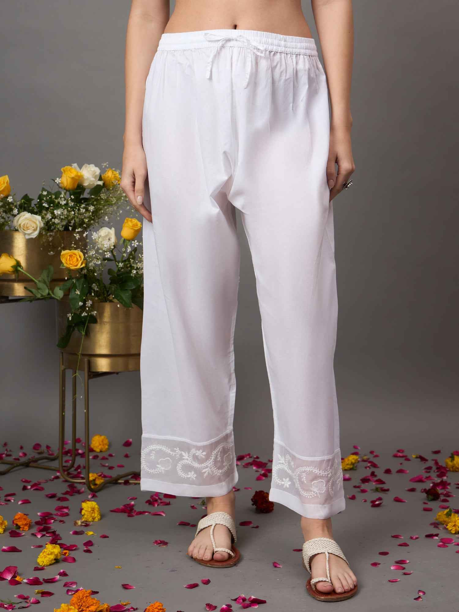 White cotton pants organza insert and chikankari