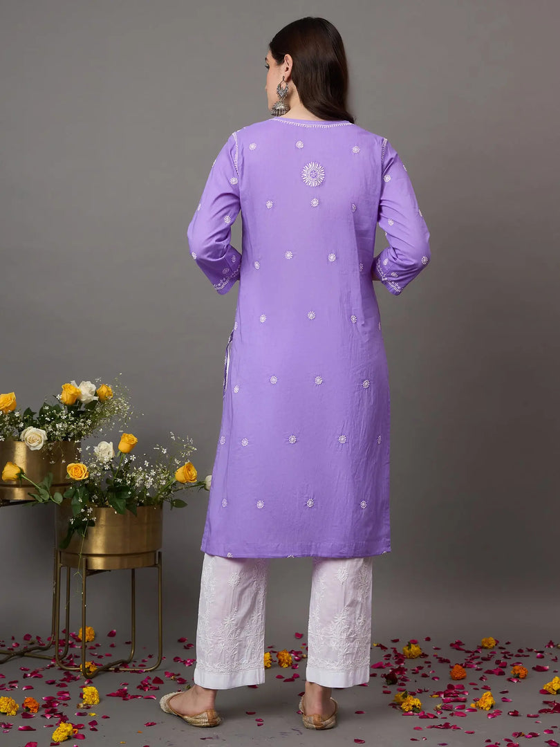 Purple cotton round neck kurta with all over jaal chikankari - Rakhi Apparels