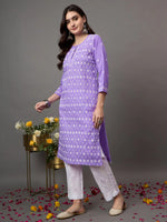Load image into Gallery viewer, Purple cotton round neck kurta with all over jaal chikankari - Rakhi Apparels
