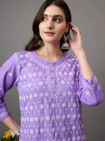 Load image into Gallery viewer, Purple cotton round neck kurta with all over jaal chikankari - Rakhi Apparels

