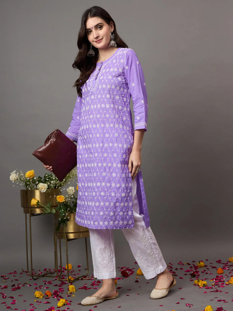 Purple cotton round neck kurta with all over jaal chikankari - Rakhi Apparels