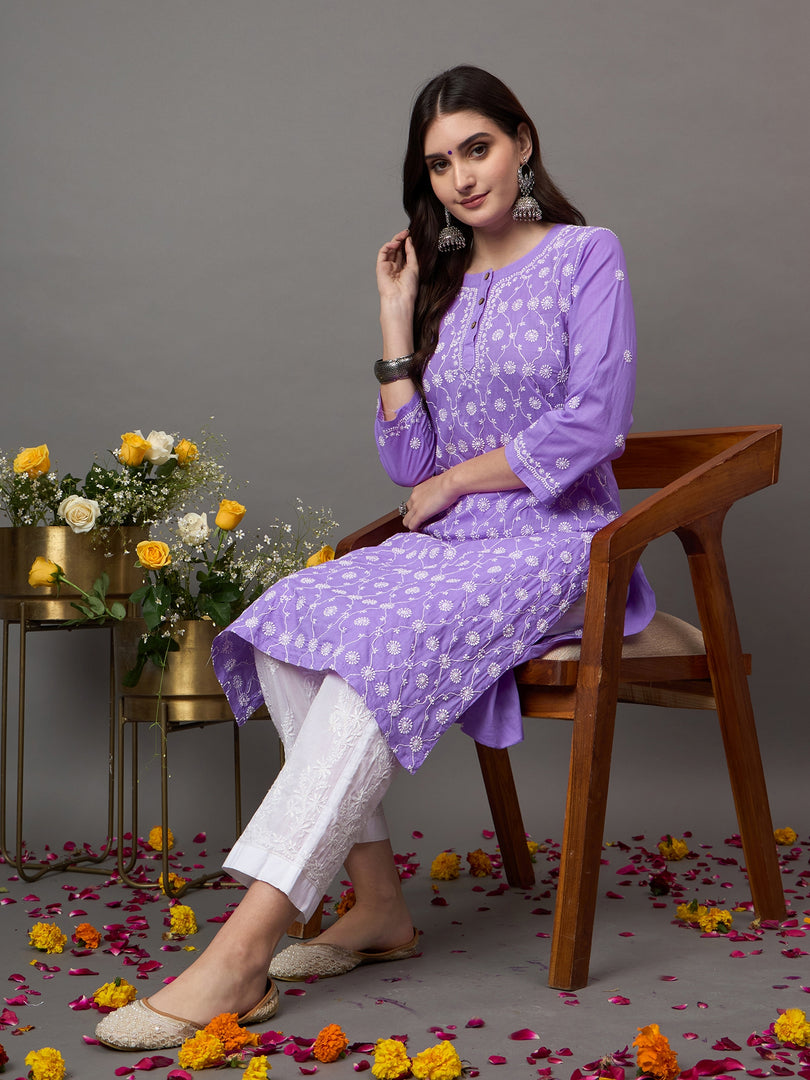 Purple cotton round neck kurta with all over jaal chikankari - Rakhi Apparels