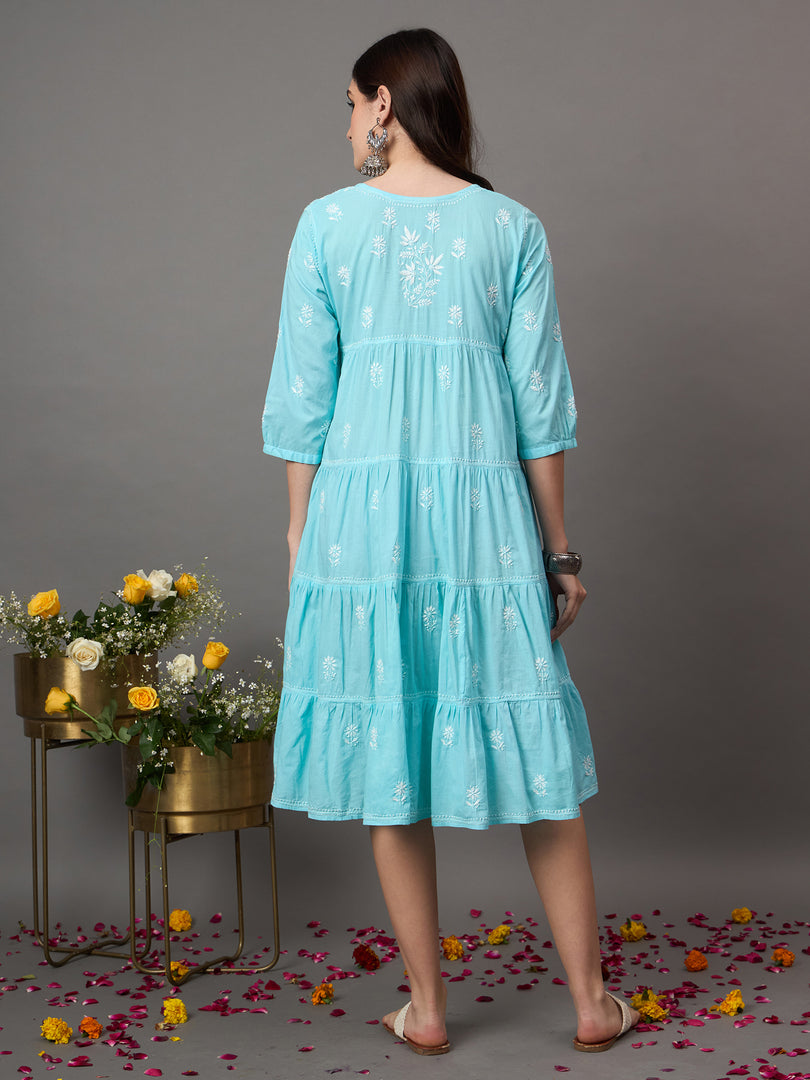 SEA Green cotton round neck chikankari  dress with tiers - Rakhi Apparels