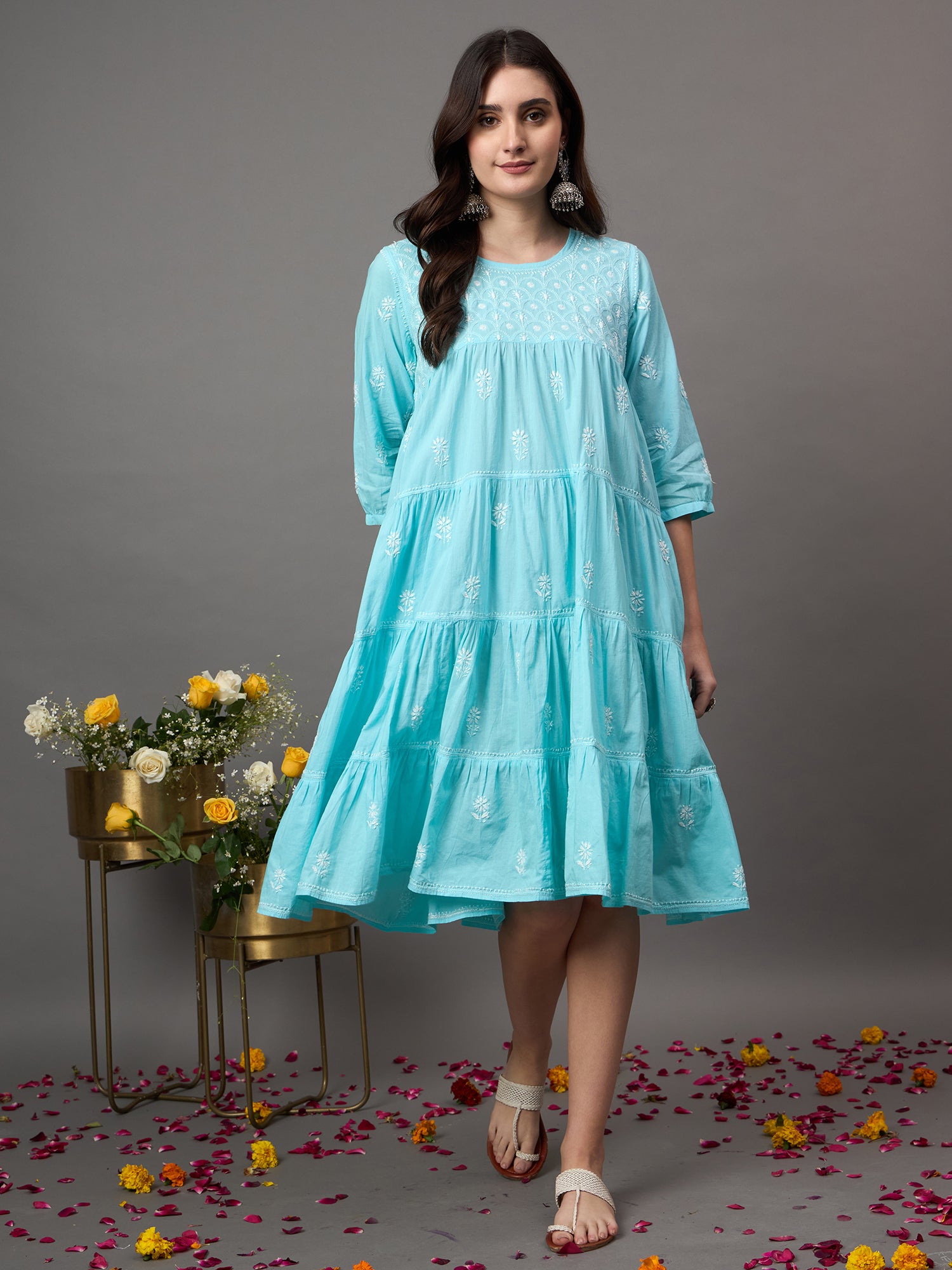 SEA Green cotton round neck chikankari  dress with tiers - Rakhi Apparels