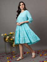Load image into Gallery viewer, SEA Green cotton round neck chikankari  dress with tiers - Rakhi Apparels
