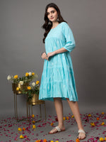 Load image into Gallery viewer, SEA Green cotton round neck chikankari  dress with tiers - Rakhi Apparels
