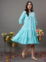 Load image into Gallery viewer, SEA Green cotton round neck chikankari  dress with tiers - Rakhi Apparels
