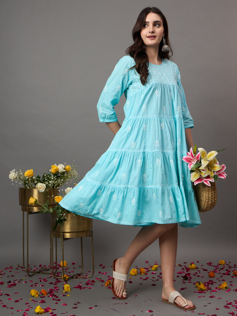 SEA Green cotton round neck chikankari  dress with tiers - Rakhi Apparels