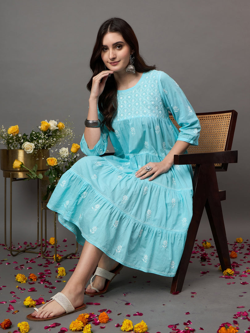 SEA Green cotton round neck chikankari  dress with tiers - Rakhi Apparels