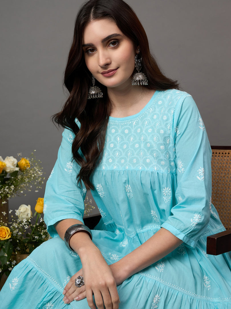 SEA Green cotton round neck chikankari  dress with tiers - Rakhi Apparels