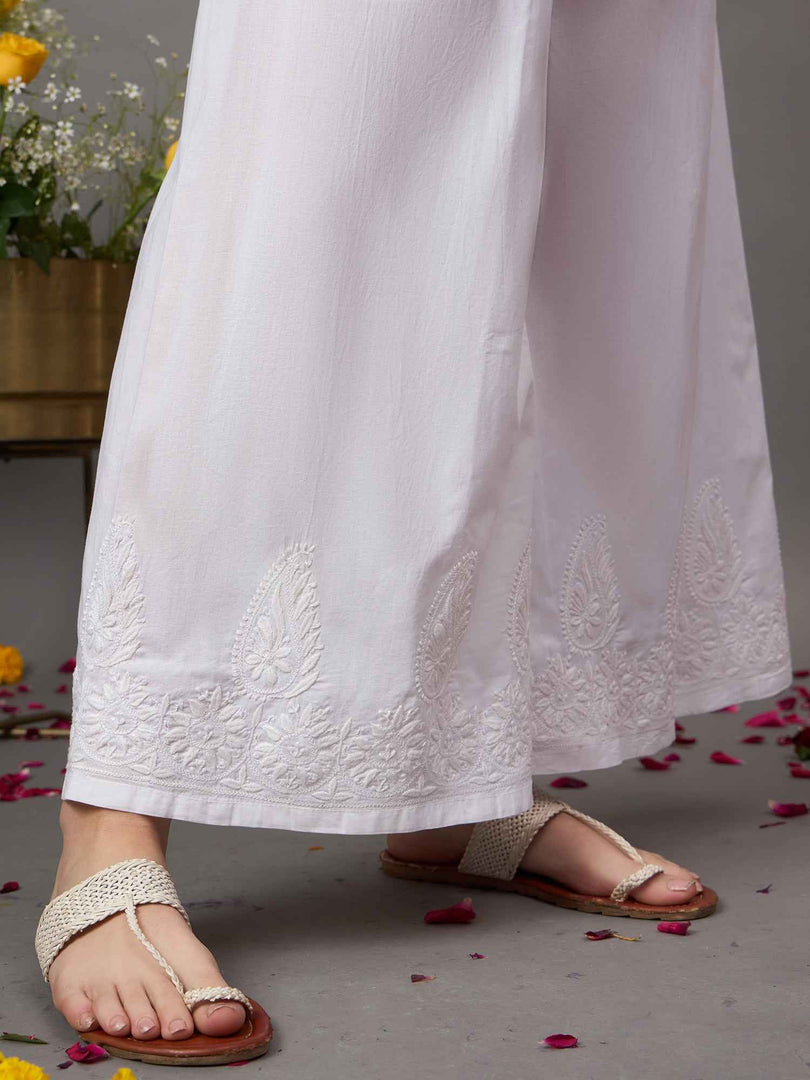 White cotton palazzo with keri and  floral pattern chikankari