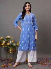 Greyish Blue cotton chikankari kurta with front yoke design - Rakhi Apparels