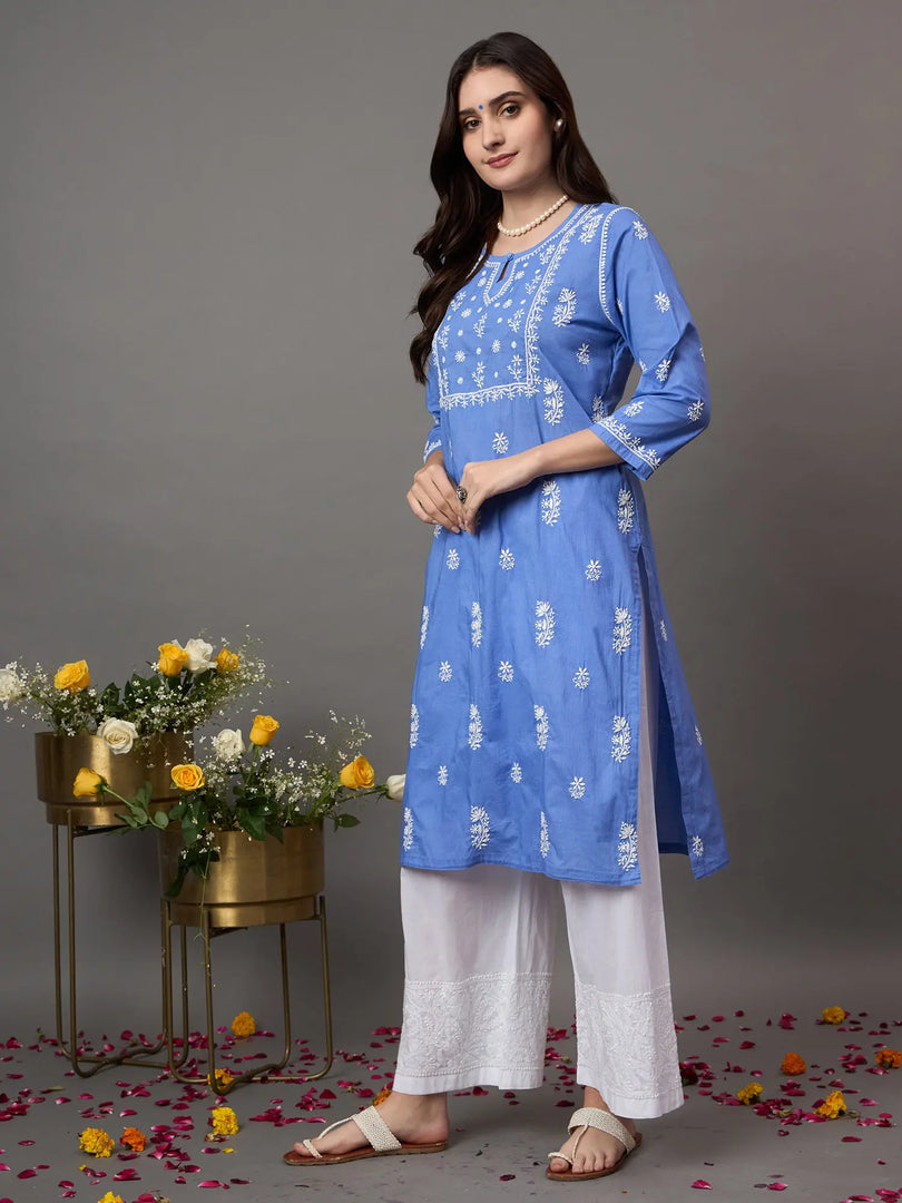 Greyish Blue cotton chikankari kurta with front yoke design - Rakhi Apparels