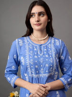 Load image into Gallery viewer, Greyish Blue cotton chikankari kurta with front yoke design - Rakhi Apparels
