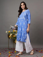 Load image into Gallery viewer, Greyish Blue cotton chikankari kurta with front yoke design - Rakhi Apparels
