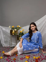 Load image into Gallery viewer, Greyish Blue cotton chikankari kurta with front yoke design - Rakhi Apparels
