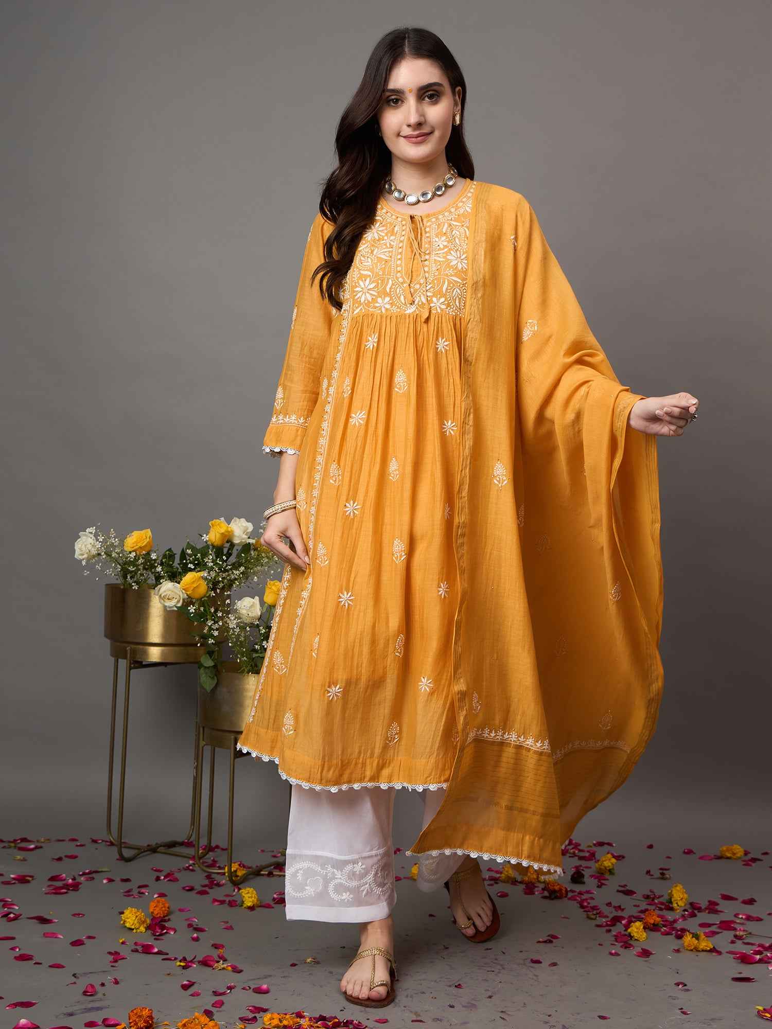 mustard chikankari  and mukaish work chanderi kurta with slip and dupatta set of 2