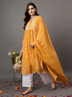 Load image into Gallery viewer, mustard chikankari  and mukaish work chanderi kurta with slip and dupatta set of 2
