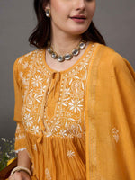 Load image into Gallery viewer, mustard chikankari  and mukaish work chanderi kurta with slip and dupatta set of 2
