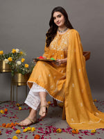 Load image into Gallery viewer, mustard chikankari  and mukaish work chanderi kurta with slip and dupatta set of 2

