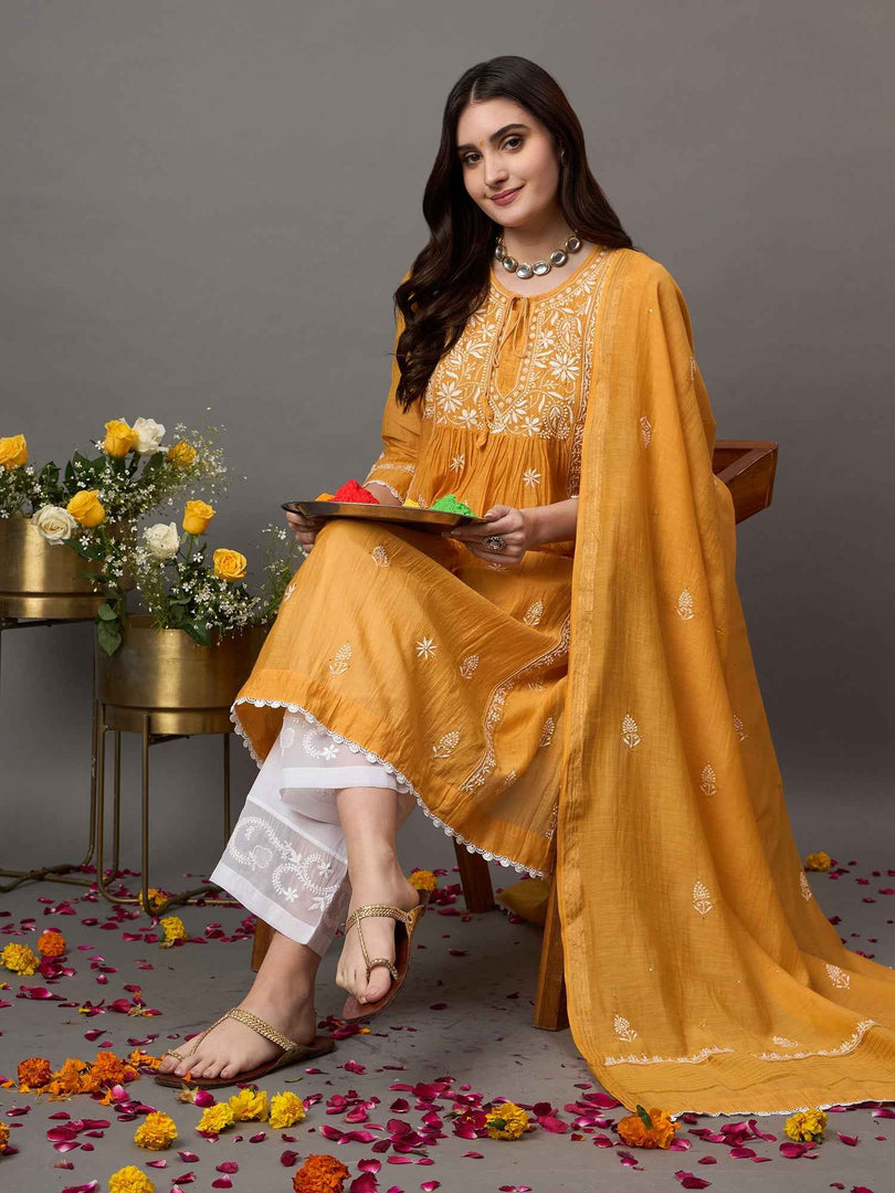 mustard chikankari  and mukaish work chanderi kurta with slip and dupatta set of 2
