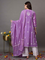 Load image into Gallery viewer, mauve  chikankari and mukaish work chanderi kurta with slip and dupatta

