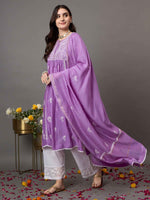 Load image into Gallery viewer, mauve  chikankari and mukaish work chanderi kurta with slip and dupatta
