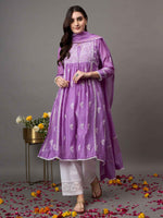 Load image into Gallery viewer, mauve  chikankari and mukaish work chanderi kurta with slip and dupatta

