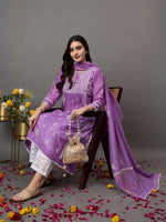 Load image into Gallery viewer, mauve  chikankari and mukaish work chanderi kurta with slip and dupatta
