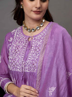 Load image into Gallery viewer, mauve  chikankari and mukaish work chanderi kurta with slip and dupatta
