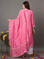 Load image into Gallery viewer, Light pink chikankari and mukaish work chanderi kurta with slip and dupatta set of 2
