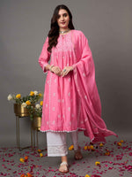 Load image into Gallery viewer, Light pink chikankari and mukaish work chanderi kurta with slip and dupatta set of 2
