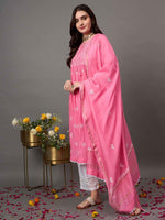 Load image into Gallery viewer, Light pink chikankari and mukaish work chanderi kurta with slip and dupatta set of 2
