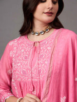 Load image into Gallery viewer, Light pink chikankari and mukaish work chanderi kurta with slip and dupatta set of 2
