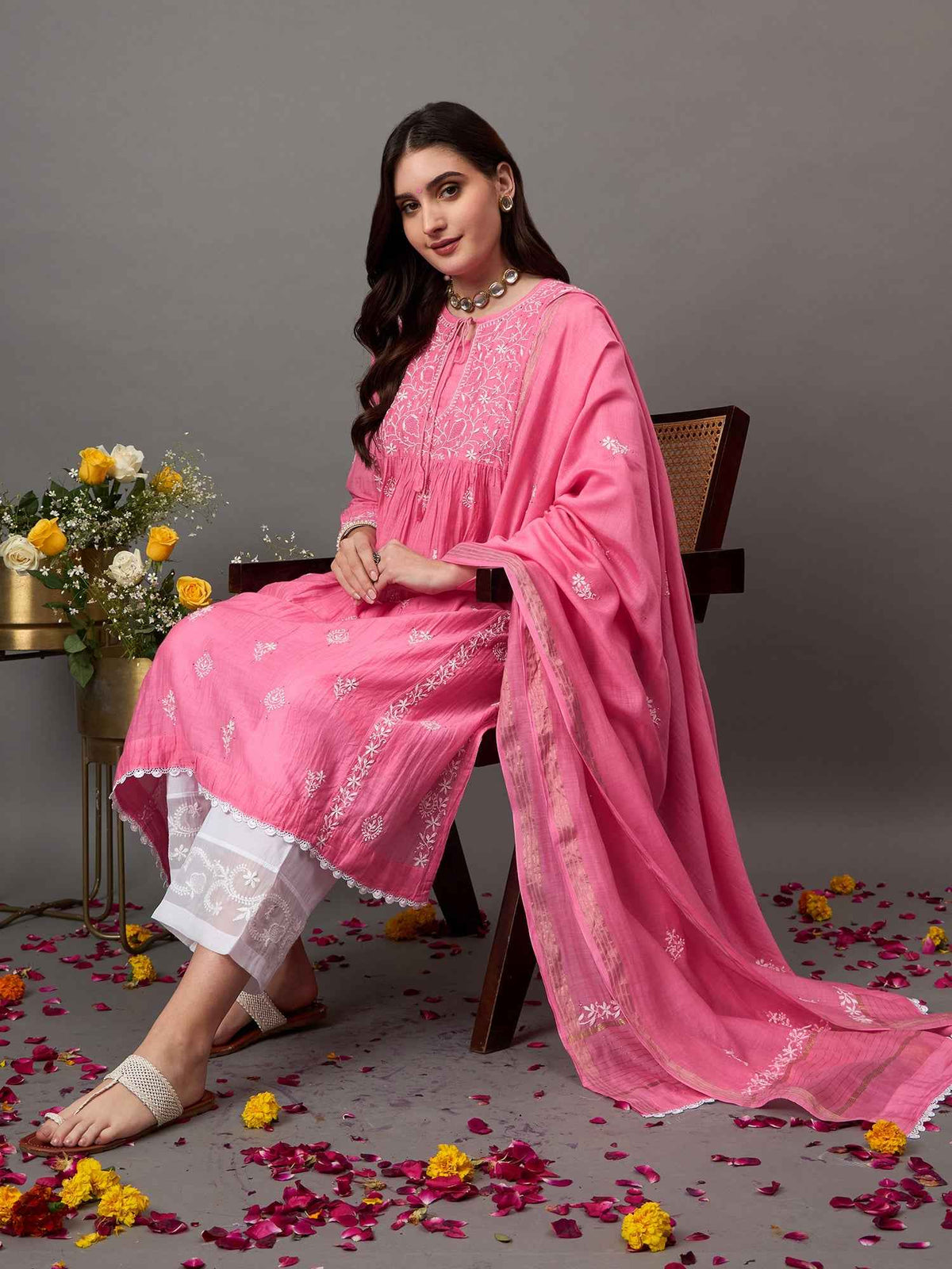 Light pink chikankari and mukaish work chanderi kurta with slip and dupatta set of 2