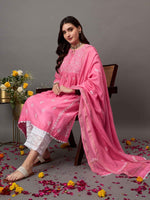 Load image into Gallery viewer, Light pink chikankari and mukaish work chanderi kurta with slip and dupatta set of 2
